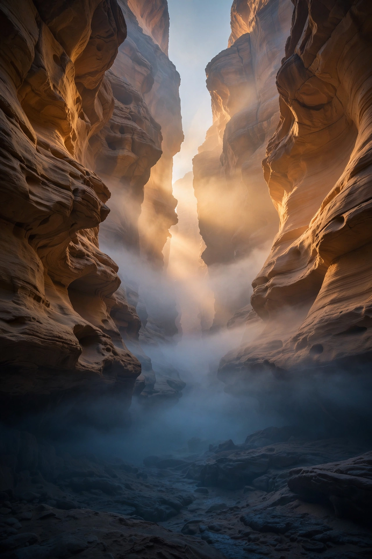 A slot canyon full of morning fog, no one in it