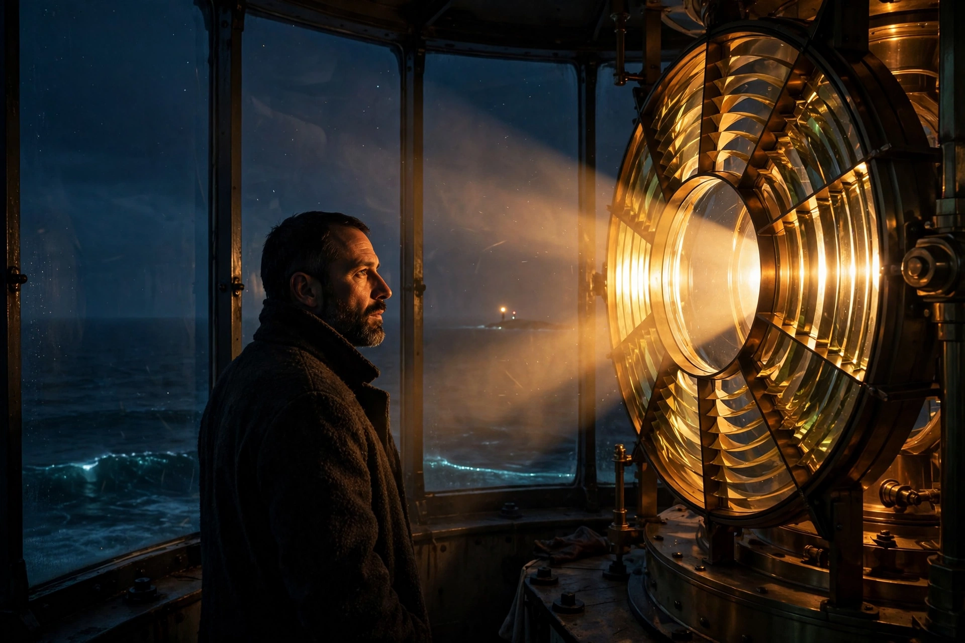 Ren in the lamp room beside the Fresnel lens, a small answering light on the horizon